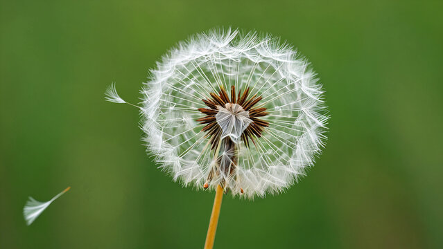 A close-up shot of a dandelion seed head with some seeds being blown away, against a blurred green background.