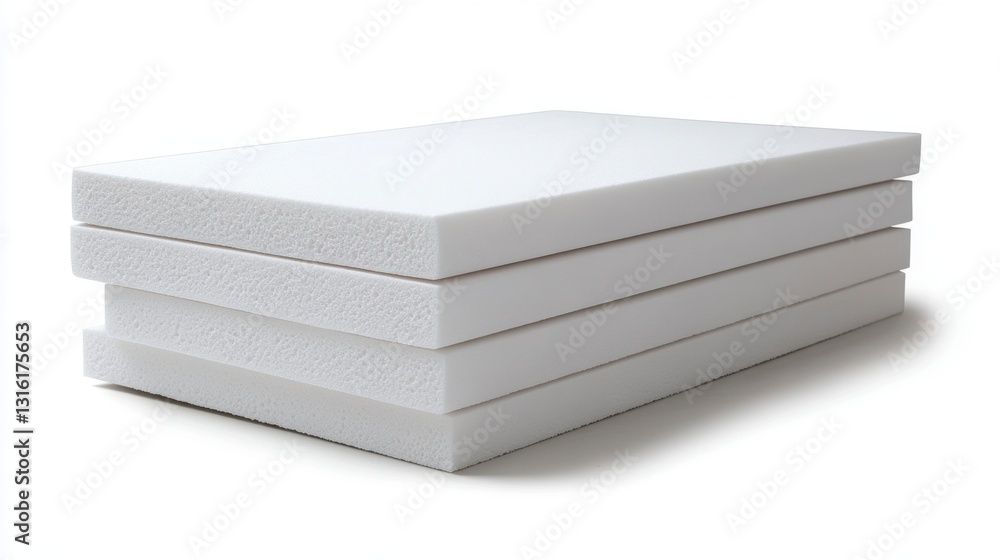 Poster stack of three white rectangular foam sheets on white background. studio lighting.
