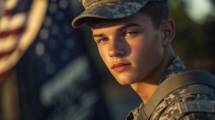 Obraz premium Young caucasian male soldier in military uniform with american flag in background