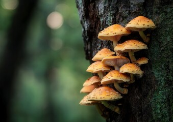 Cluster of Yellow Mushrooms Growing on Tree Trunk in Forest