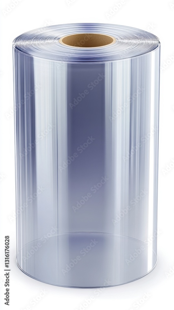 Poster close up view of a transparent roll of plastic sheeting on a white background. the roll is cylindric