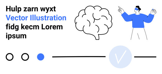 Character gesturing towards brain graphic, accompanied by various geometric shapes and text. Ideal for education, mental health, creativity, information, science, technology strategy. Landing page