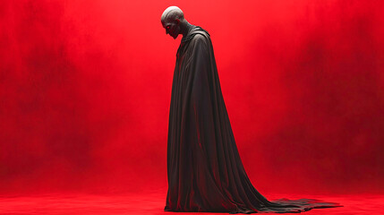 3d render serious vampire standing in red wallpaper background, space for copy, red banner, poster, card