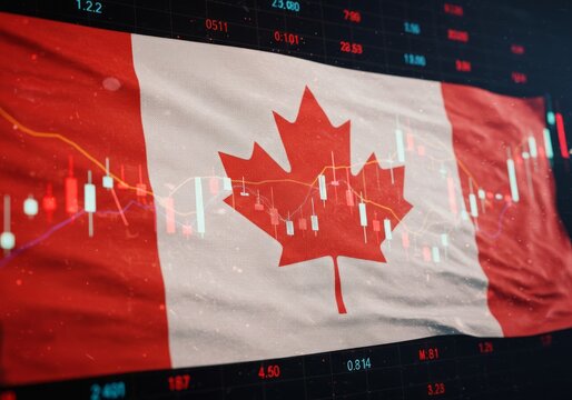 Canadian flag overlay on digital financial graph. Economy, finance