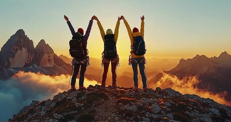 Three Climbers Reach Mountain Summit at Sunrise - Powered by Adobe