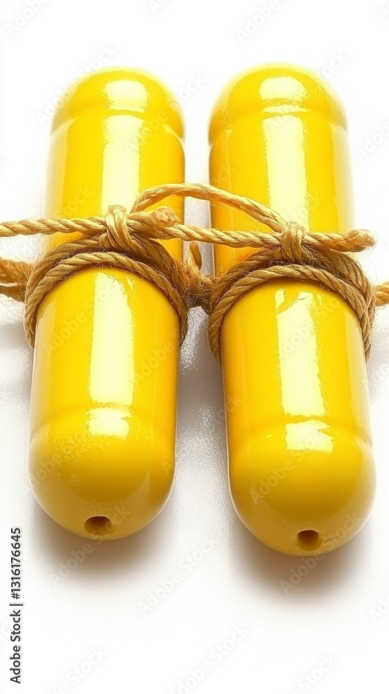Poster two bright yellow cylindrical objects tied together with tan twine against a white background. close