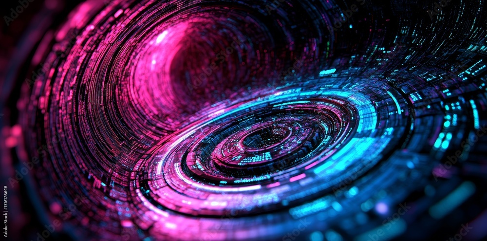 Poster glowing digital binary code streams across a blurred cyberspace matrix, representing the era of tech