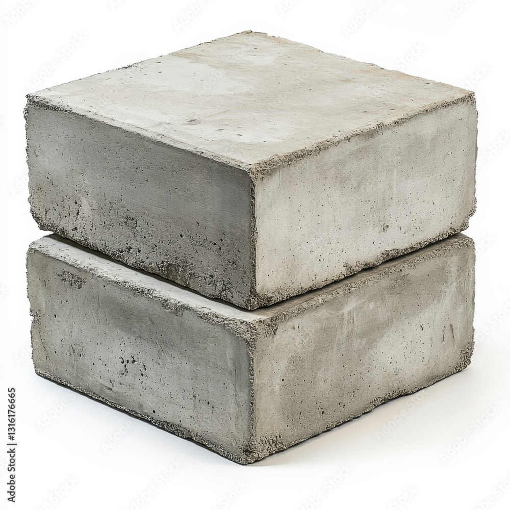 Poster two gray concrete blocks stacked on top of each other against a white background. the blocks are rou