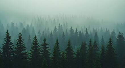 Obraz premium Misty Pine Forest Landscape