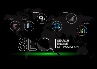 a virtual seo icon analyzing search engine optimization for website ranking, digital marketing, seo strategy, business concept.