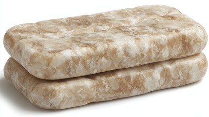 Two rectangular blocks of light brown, textured food, possibly a type of pressed meat or confectionery, stacked on a white background. The surface is mottled with lighter and darker areas. 