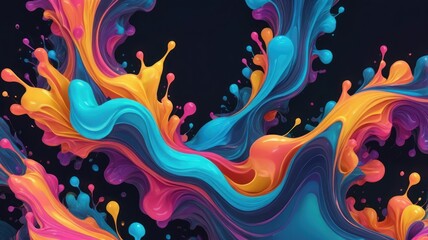 Abstract Art with Colorful Paint Splashes and Flowing Swirls on Black