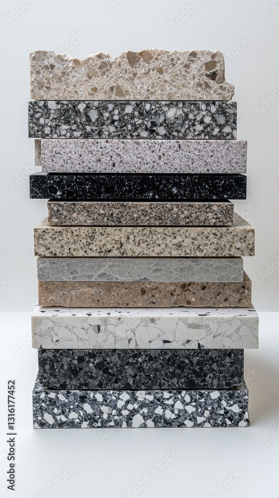 Poster stack of speckled stone samples in various neutral colors, showcasing different textures and pattern