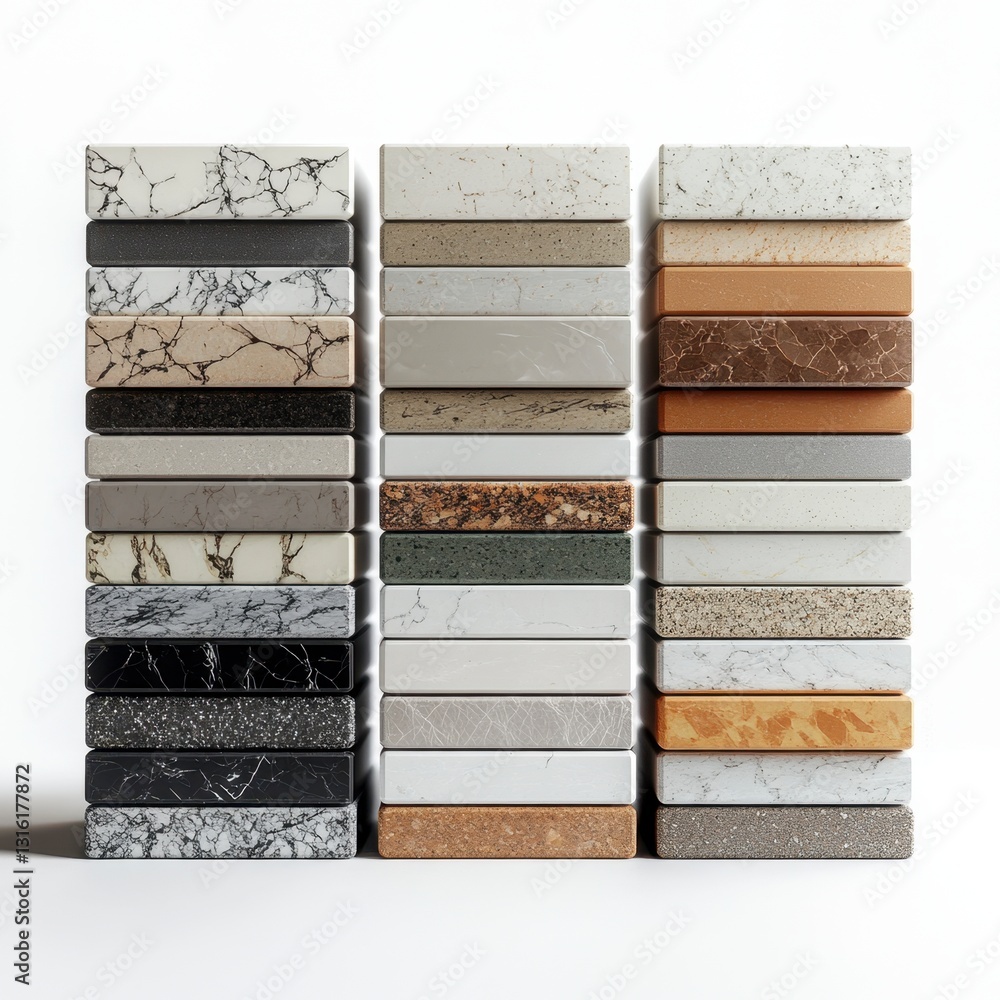 Poster three stacks of various countertop samples in different colors and patterns, displayed against a whi