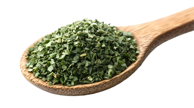 Dry chive pile in wooden spoon isolated on white back