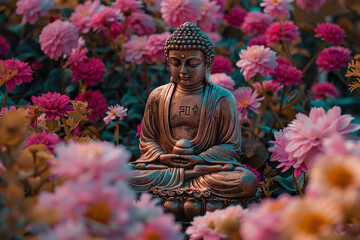 Obraz premium Ancient statue great Buddha on bright holiday composition, abstract vivid composition consists of fictional unreal fantastic vision on background