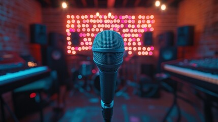 Microphone in dimly lit recording studio