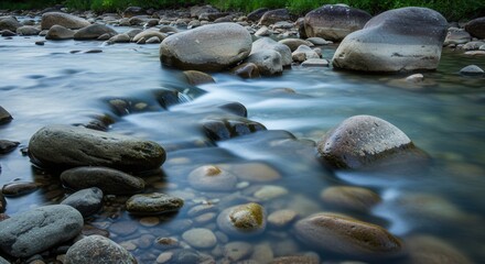 Obraz premium Gentle River Flowing Over Rocks Long Exposure Creates Softness