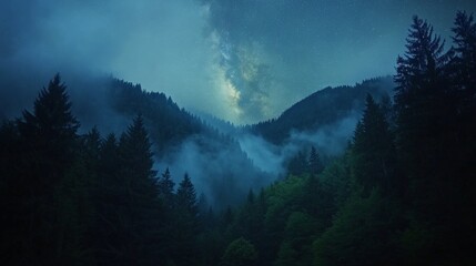 Misty nighttime forest with lush greenery and starry sky