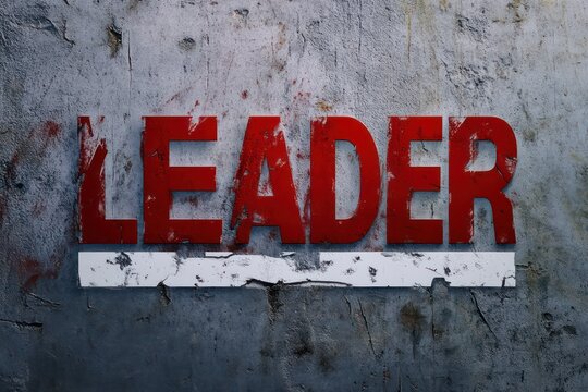 A striking visual of the word "LEADER" in red font with subtle white text underneath, representing the qualities of leadership and success.