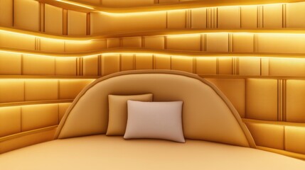 A cozy reading nook in a golden-themed apartment, with plush seating, soft lighting