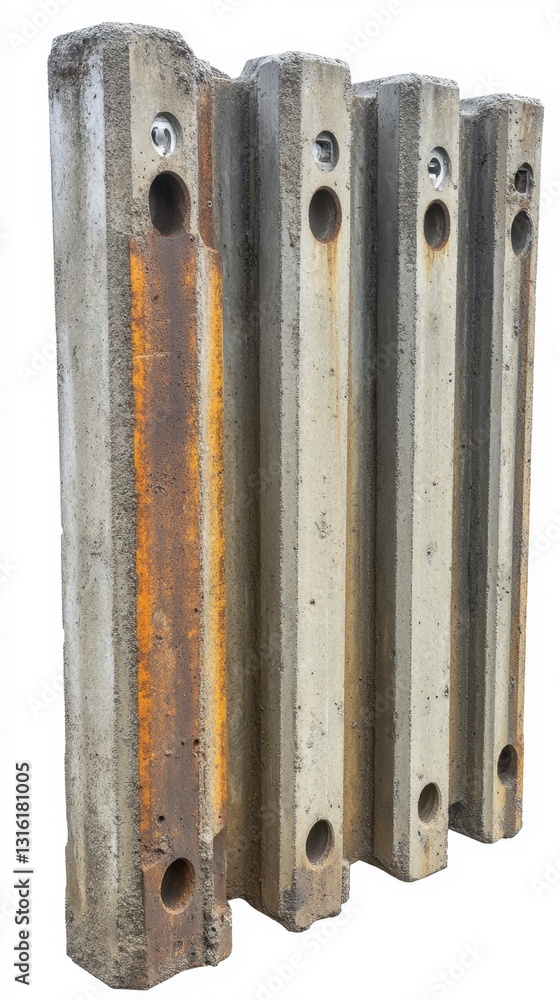 Poster four weathered concrete posts with rust streaks stand vertically against a white background. the pos