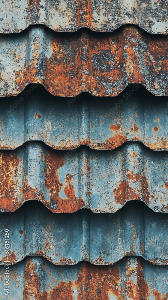 Poster close up view of weathered corrugated metal roofing with rust and faded paint, showing texture and l