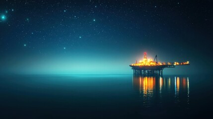 Illuminated oil rig standing in serene ocean waters under a starry night sky reflecting the tranquil atmosphere of the deep sea