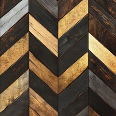 Herringbone pattern of reclaimed wood planks in dark, gold, and gray tones.