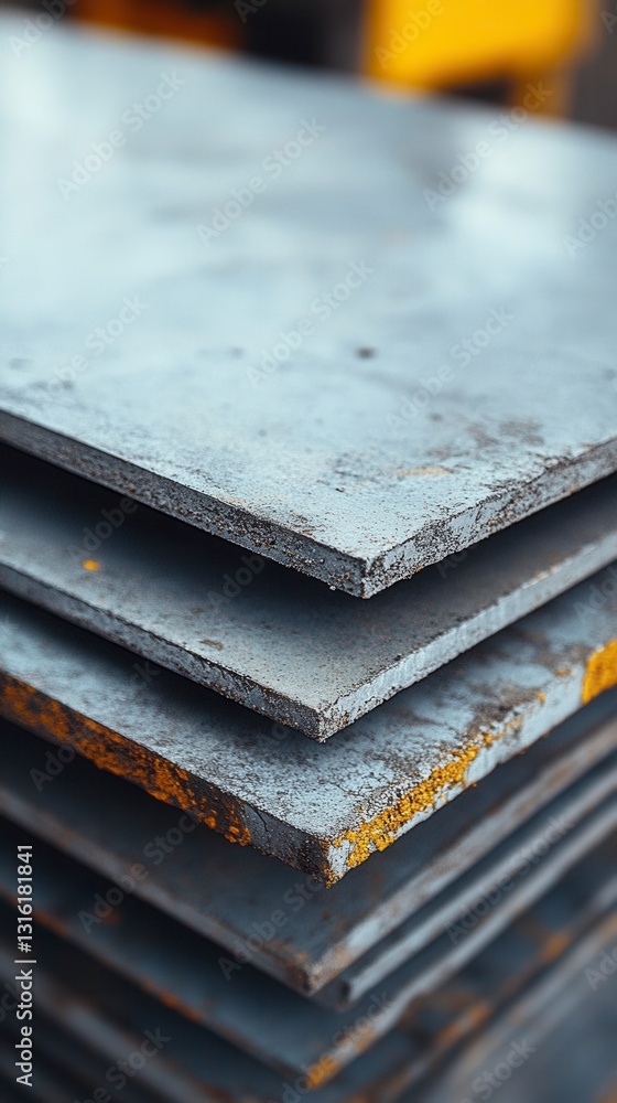 Poster close up view of a stack of weathered gray metal sheets with slightly visible yellow markings along 