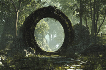 Mysterious stone gateway stands in a serene forest surrounded by tall trees on an overcast day