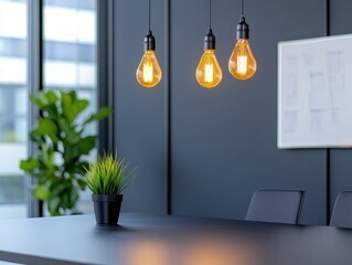 Modern office interior featuring pendant lights, greenery, and a sleek workspace
