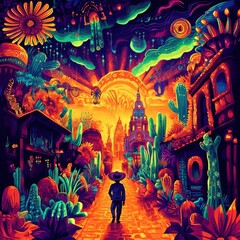 Naklejka premium A person walks through a colorful street landscape at sunset