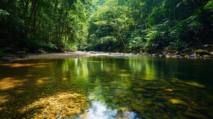 Obraz premium Serene jungle river with lush greenery and reflective waters
