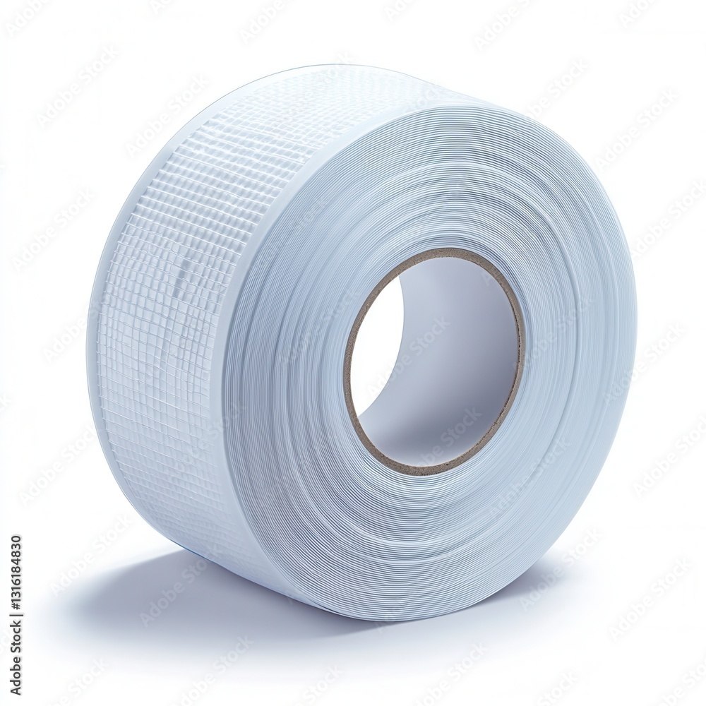 Poster close up view of a roll of white adhesive tape with a textured surface. the tape is shown against a 