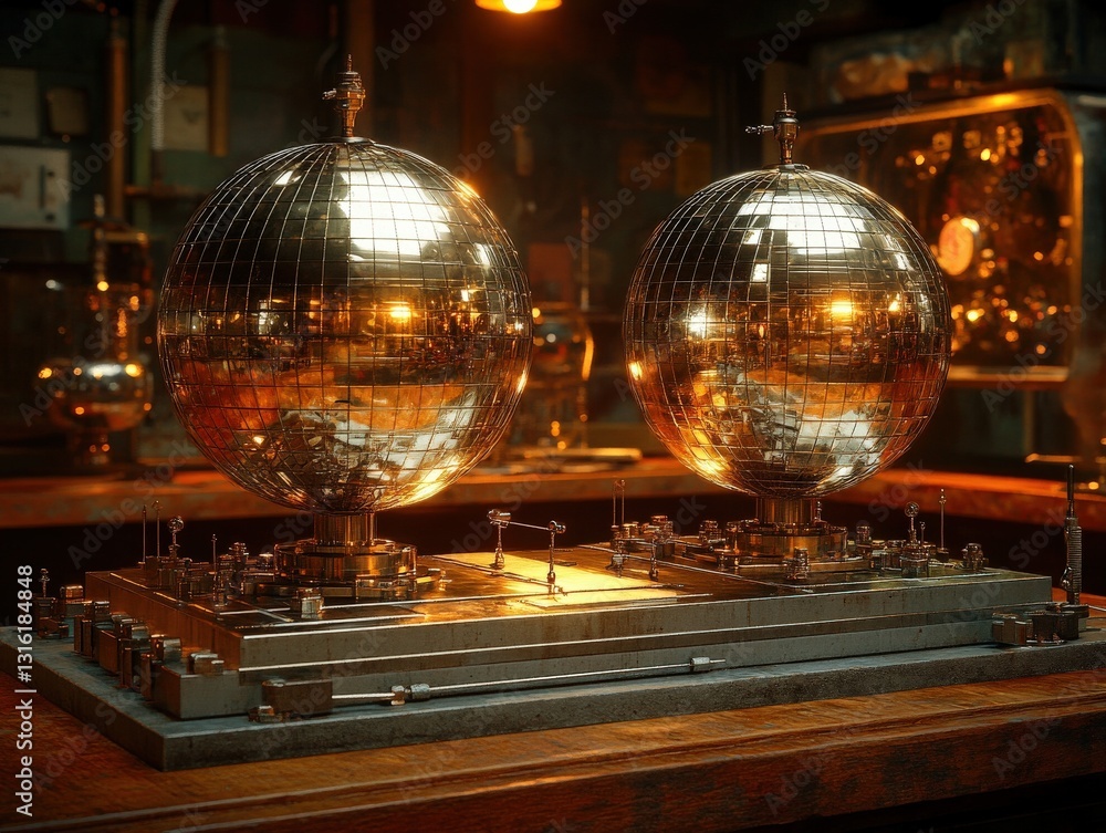 Poster intricate steampunk-inspired model featuring two gleaming metallic globes on a complex base, illumin
