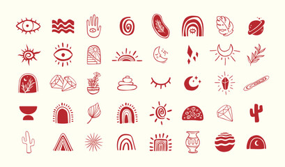 Minimalistic and Stylized Red Illustrations of Mystical and Celestial Objects