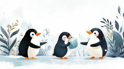 Obraz premium Charming Penguin Family Winter Watercolor Illustration AI Generated