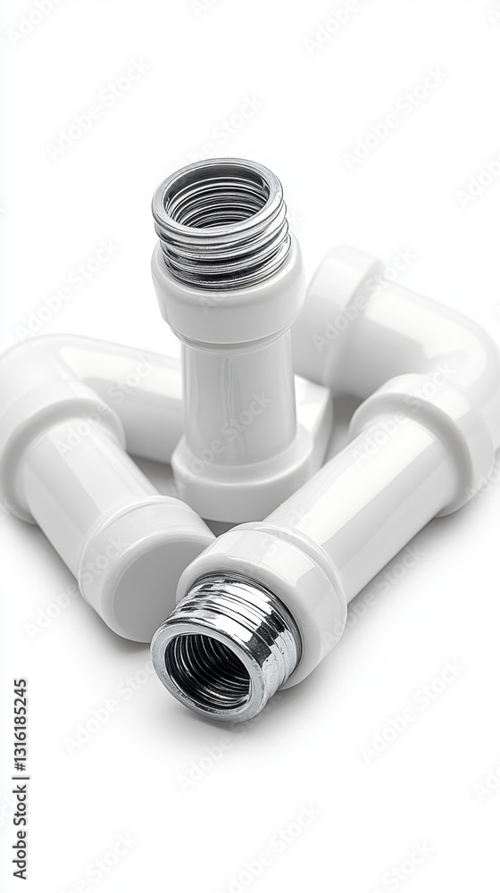 Poster three white plastic pipe fittings arranged in a triangular formation on a white background. close up