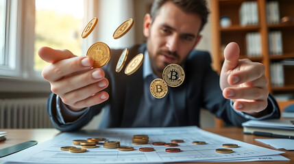 Taxation: a man fills out a tax return and tosses cryptocurrency coins in his hand.