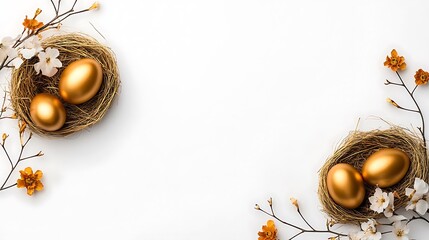 Golden Eggs in Bird's Nest Springtime Flat Lay AI Generated