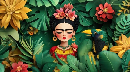 A beautiful woman surrounded by tropical flora and fauna