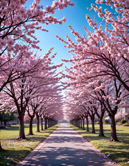 Naklejka premium A quiet park pathway lined with cherry blossom trees