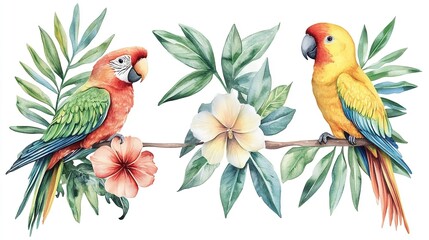 Fototapeta premium Tropical Parrots & Flowers – Vibrant Watercolor Botanical Illustration