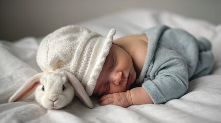 Sleeping Baby with Bunny and Knit Hat