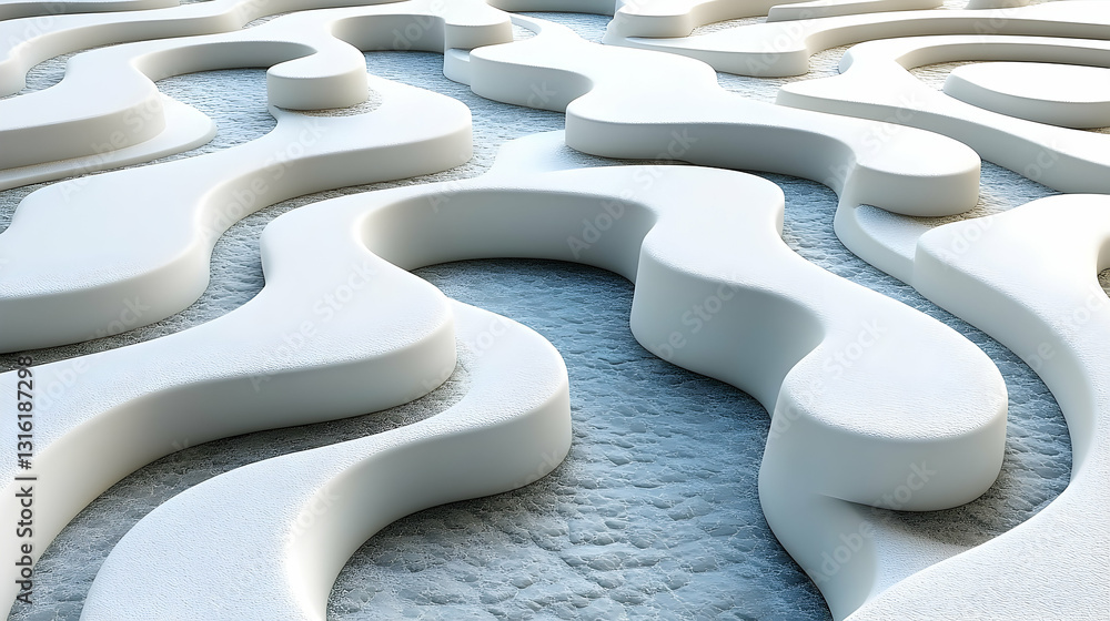 Poster abstract 3d rendering of undulating, white, organic shapes on a textured grey background. creates a 