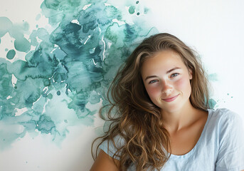 Fresh youth portrait with teal watercolor background, Natural beauty and creative photography, Artistic Image of freckled Girl