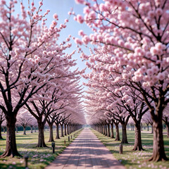 A quiet park pathway lined with cherry blossom trees