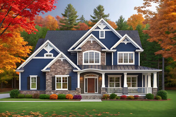 Stunning Blue House with Autumn Foliage. home, building, architecture, brick, new, exterior, residential, cottage, door, grass, estate, family, roof, sky, property, country, lawn, residence, window, 