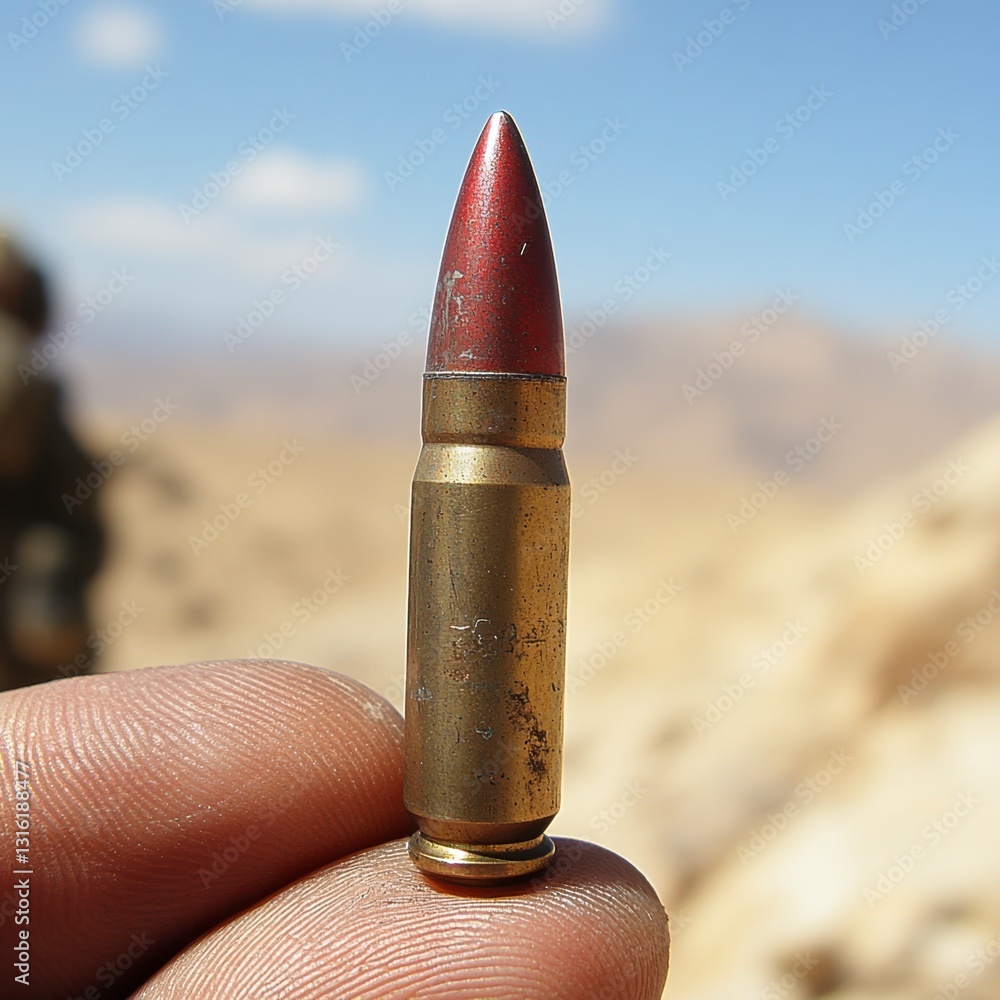 Poster close up view of a single bullet casing held between fingers, showcasing a reddish brown tip against